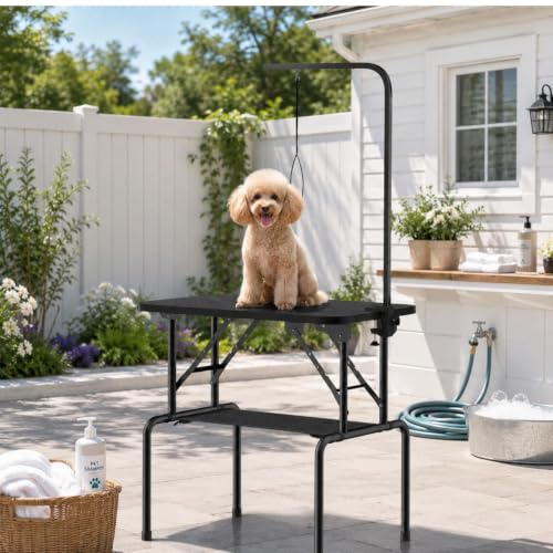 Image of 32 Inch Foldable Dog Grooming Table with Adjustable Arm, Nooses & Storage Basket - Non-Slip Pet Grooming Station for Dogs & Cats - Supports Up to 300 lbs (32 inches)