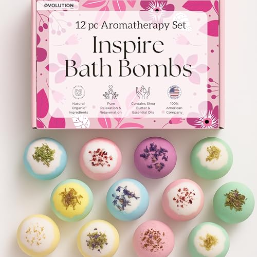 EvolutionUSA Inspire Bath Bombs for Women, 12 Gorgerous Flower Bath Bombs Topped with Dried Flowers,...