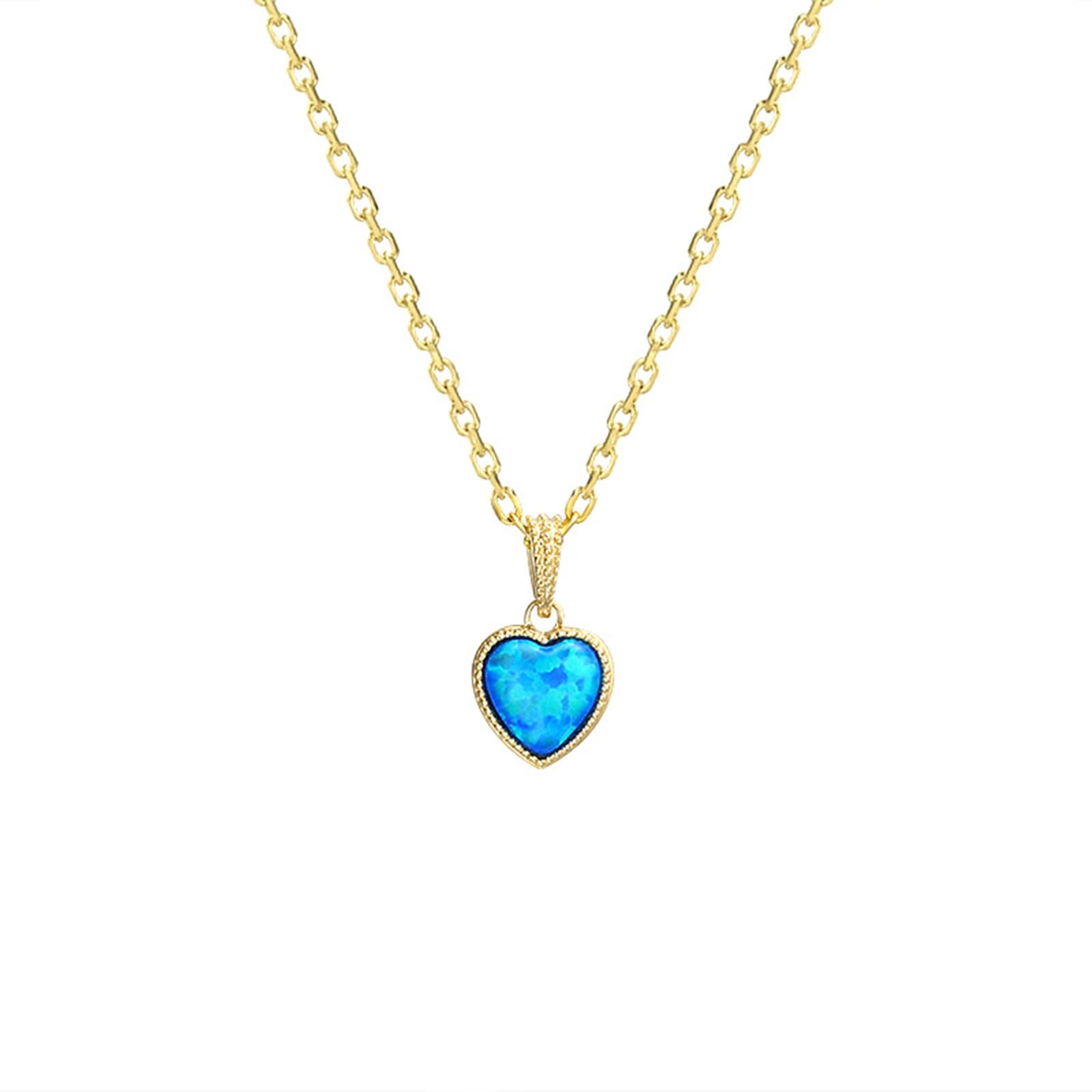 Halskette aus 18-karätigem Gelbgold für Damen, Halskette mit blauem herzförmigem Opal und weißem, rundem Diamant-Anhänger, 45,7 cm