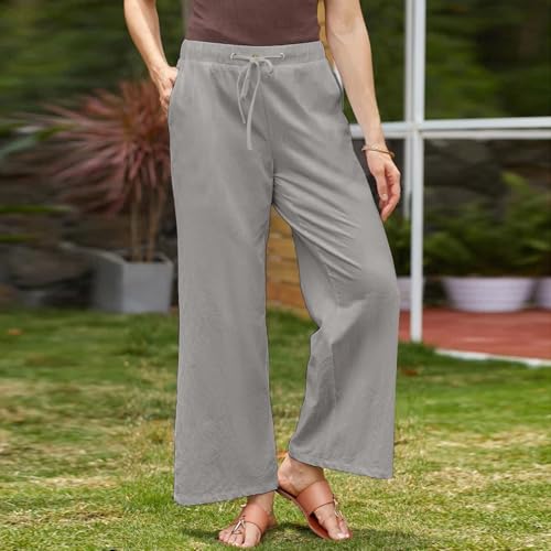 Cotton Linen Pants Women 2025 Casual Straight Leg Drawstring Elastic Hight Waist Trousers Pockets Loose Palazzo Pants2