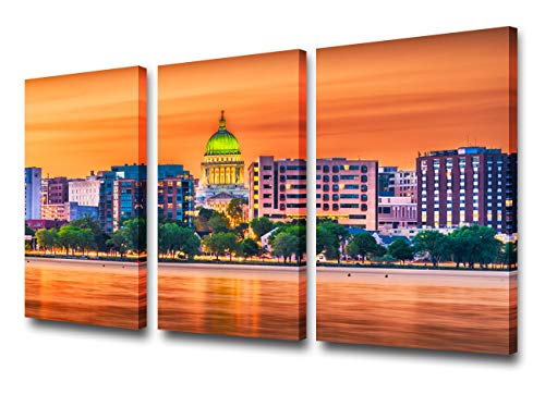 One-Day Sale: Up to 80% Off TUMOVO Madison Skyline Wall Art Madison Canvas Print Madison Canvas Wisconsin Landscape Multiple Sizes Gallery Wrapped Canvas on Pine Wooden Frame Ready to Hang - 24‘’ x 12‘’ x 3 Panels