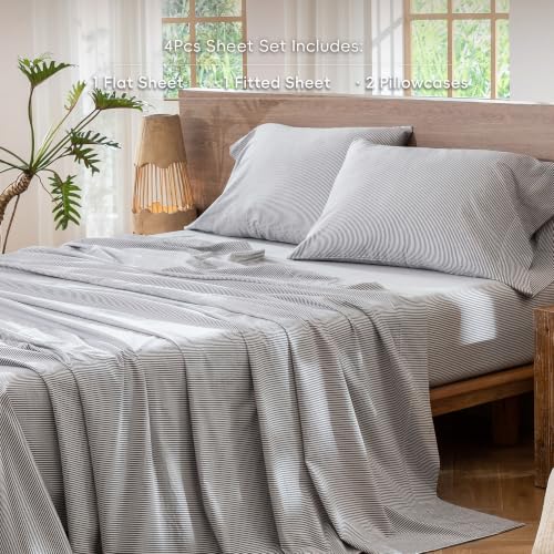 Image of MooMee Striped Sheet Set 100% Washed Cotton Linen Like King