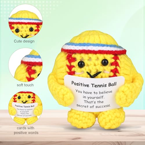 Image of TOYMIS Positive Tennis Ball, Cute Funny Inspirational Crochet Tennis Ball Positive Knitted Doll Gadget with Encouraging Card for Sports Enthusiasts & Party Favor