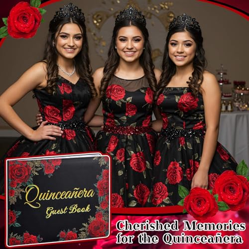 Image of MotiMind Quinceanera Guest Book with Pen 11 x 8 Inch Libro De Firmas Para 15 Anos Quinceanera Leather Hardcover Signature Book Guest Sign in for 15th Party Favors Decoration(Black,Floral)
