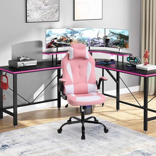 Dopinmin Gaming Chair Racing Computer Chair PU Leather Game Chair Desk Chair with Lumbar Support Flip Up Arms Headrest High Back Swivel Rolling Adjustable Ergonomic Office Chair, Pink