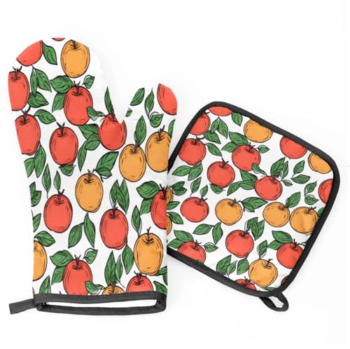 Watercolor Apples Oven Mitts Kitchen Oven Gloves for Cooking Baking Heat Proof Lining Cotton Kitchen Potholder Mittens Pot Holders Hot Pads for Chef Women Men