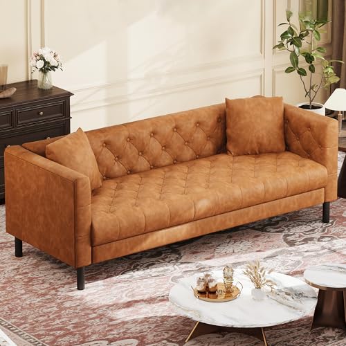 GarveeHome 81" Leather Couch for Living Room, Modern Leather Sofa with Deep Seat, Handmade Button Tufted 3 Seater Sofa, Chesterfield Couch for Apartment, Office, Cognac Tan