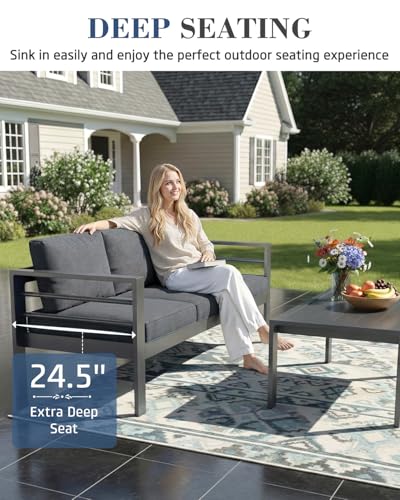 Image of AECOJOY Aluminum Patio Furniture Set, 5 Seats Modern Outdoor Furniture with Coffee Table, 4 Pieces Metal Conversation Sectional Sofa, Dark Gray