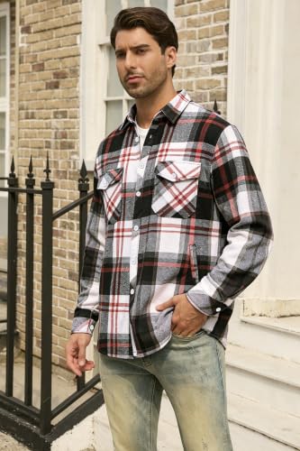Image of Cromoncent Mens Boys Thick Flannel Shirt Long Sleeve Shirt Jacket Casual Button Down Multi Pockets Shacket