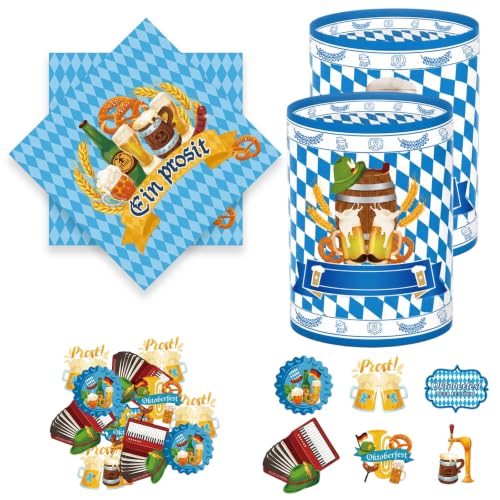 56 Stück Oktoberfest Deko Set Bayern Deko mit 24 Tortenstecker 20 Servietten & 12 Windlichter Bayerische Deko für Biergarten & Grillparty Blau-Weiß Oktoberfest Tischdeko