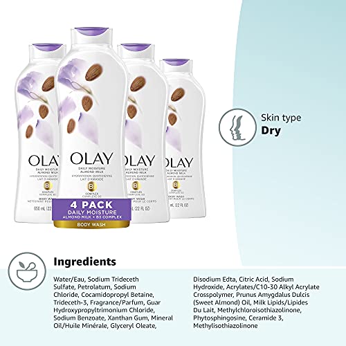 Body Wash for Women by Olay, Daily Moisture with Almond Milk Body Wash, 22 oz, (4 Count