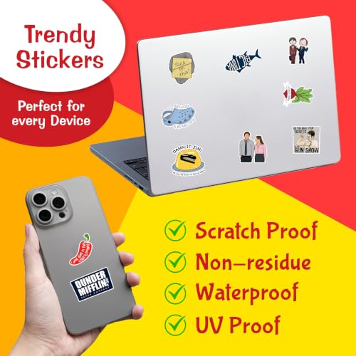 Image of Vinyl Pack of 58 Office Laptop Sticker - TV Show Stickers for Laptop, Journal, Bike Helmet, Diary, Guitar, Mobile - Waterproof Residue Free, self-adhesive, 3 inch