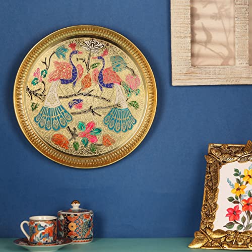 Image of NM Brass Hand Carved Peacock Hanging Wall Plate Golden Finish