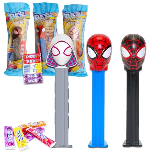 Paquete de 4 dispensadores Spiderman PEZ – Paquete con 3 dispensadores Pez con paquete de recambio Spiderman Plus PEZ | Dispensador de dulces Marvel Spiderman PEZ y recambios de dulces
