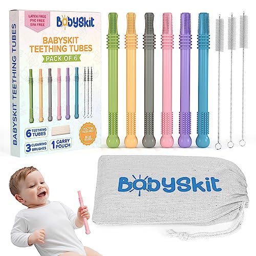 Image of BABYSKIT Flexible Hollow Teething Tubes for Infants - Easy to Hold and Clean Teething Straws for Babies, Safe Silicone Teething Stick for Babies Quality Teething Tubes for Babies 0-6 Months