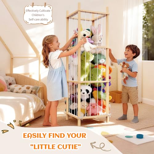 Image of Stuffed Animal Storage & Toy Organizer 3 Layers 54 in Wooden Toy Holder | Large Natural Pine Plushies with Elastic Bands & Mesh Net Space aving Design for Toddler Rooms, Playrooms & Bedrooms