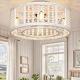 DWVO 18.5 Inch Caged Ceiling Fan with Lights and Remote, Beaded Decor, Farmhouse Flush Mount Ceiling Light Fixture with Reversible DC Motor, 6 Speeds, for Bedroom, Living Room, Dining Room (Off-White)
