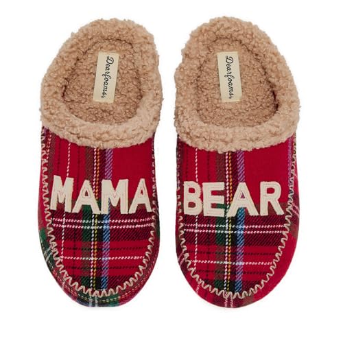 Dearfoams Women's Matching Family Holiday Mama Bear Sherpa Lined Moc Toe with Embroidery Slipper, Red Plaid, L