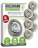 💡 𝗪𝗔𝗥𝗠𝗪𝗘𝗜𝗦𝗦 – 6 Stück schwenkbare Deckeneinbauleuchten 5 Watt 3000 Kelvin 400 Lumen mit wechselbaren LED Modulen und silbernem Rahmen. Verbindungsboxen zum Anschluss ohne Verbindungsklemmen inklusive