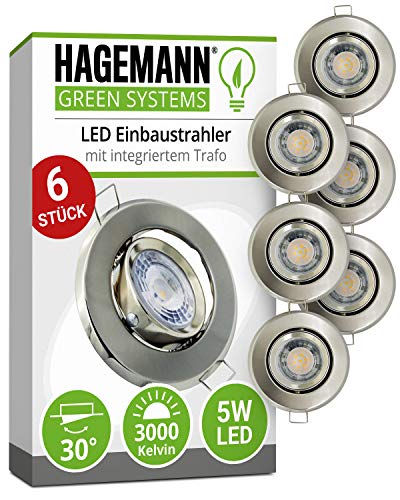 HAGEMANN 6 x LED Einbaustrahler 5W warmweiß 400lm mit silber Rahmen - 68mm Bohrloch - IP20 Einbaulampe schwenkbar Deckeneinbauspot flach 230V Einbauspot Cover