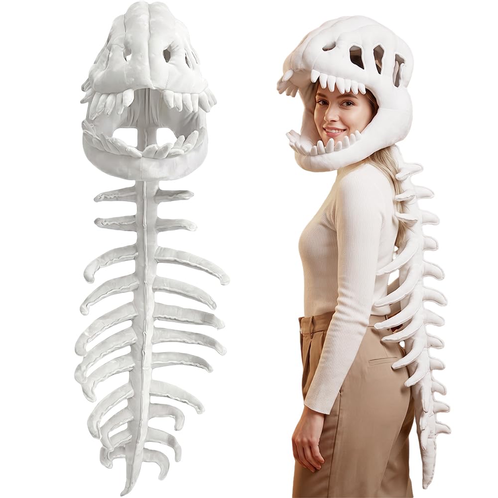LYPPUL Realistic Dinosaur Skeleton Costume Set, 3D Wearable Realistic Skeleton Dinosaur Costume, Spinosaurus Plush Dino Outfit, 90cm Halloween Cosplay Skeleton Props For Adults And Children (White)