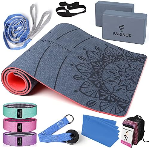 1/3 Yoga Mat Thick, Yoga Kit and Sets for Beginners Include High Density Yoga Mat with Multi-loops Yoga Strap, Yoga Blocks, Booty Resistance Band Set & Door Anchor (9MM, BlUE&RED)
