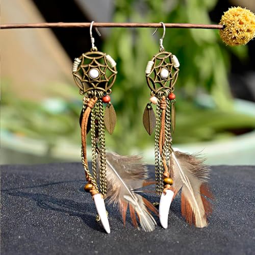 2 Pairs Brown Dream Catcher Feather Earrings for Women Bohemian Vintage Tassel Drop Dangle Earrings Ethnic Long Fringe Dreamcather Earring for Women Ear Jewelry - QC3
