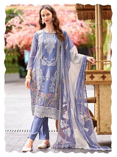 Image of INDO ERA Womens Organza Embroidered Straight Kurta Pant Dupatta Set (IEOUT10604)