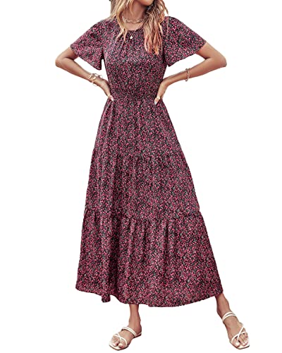 Prettygarden Women's Summer Casual Short Flutter Sleeve Round Neck Smocked Waist Tiered Boho Floral Flowy Maxi Dress(Medium, Floral Black And Red) #TOP1