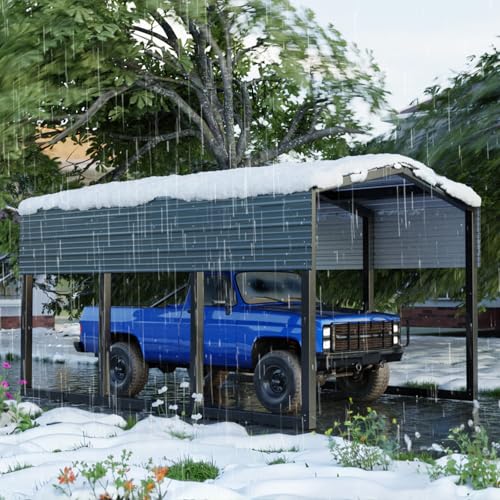 Image of Metal Carport 10x15ft Heavy-Duty | Military-Grade Reinforced Garage Kits with Steel Roof & Hurricane | 80lbs /Sq.Ft Snow /RV /Camper /Truck /Tractor Shelter Outdoor