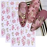 Flower Nail Art Stickers Decals 3D Pink Flower Nail Stickers Self-Adhesive Summer Nail Art Decorations Supplies 6PCS Bronzing Gold Edge Pink Purple Floral Petal Nail Decals Manicure Sliders for Women