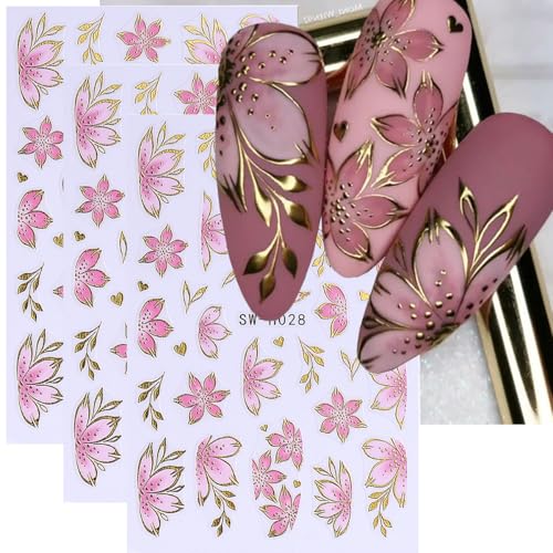 Flower Nail Art Stickers Decals 3D Pink Flower Nail Stickers...