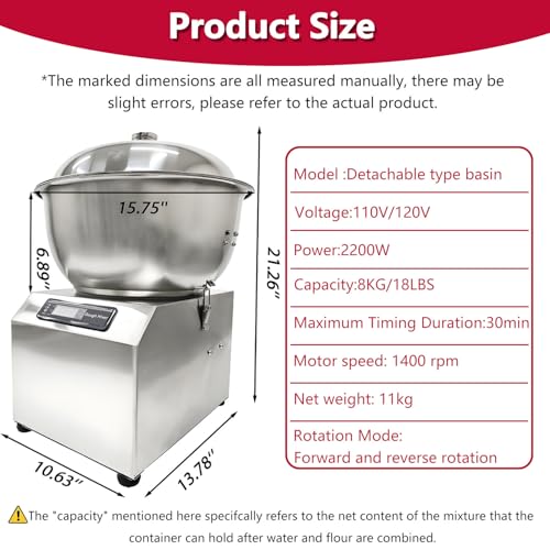 Impastatrice Professionale da 2200 W, impastatrice a Spirale Professionale con Vasca Rimovibile, Doppia Rotazione e Timer, Ideale per pizzerie, panifici e ristoranti, capacità 8 kg, 8 kg