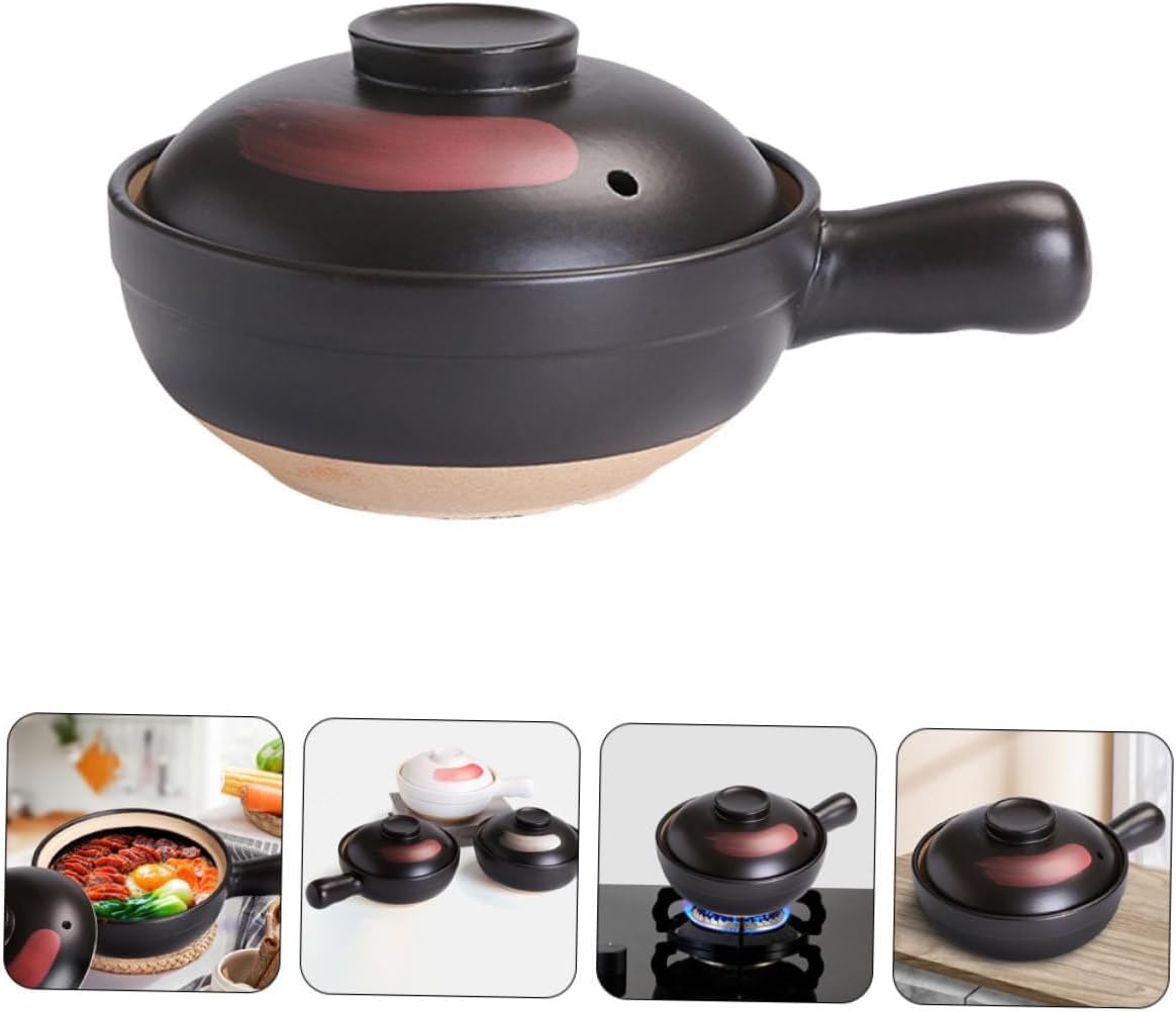 Healifty Large Black Red Brush Pattern Pottery Clay Casserole Stew Pot with Handle for Gas Stove Cooking Energy Saving Household Stew Pot for Soup Rice Braised Chicken and Healthy Meals