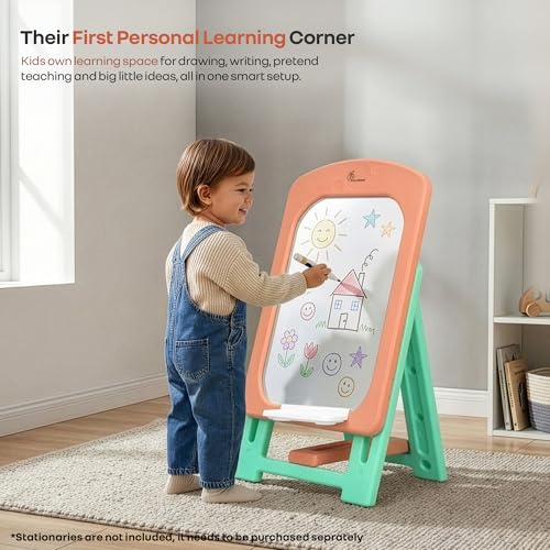 Image of R for Rabbit Little Genius Doodle Whiteboard for Kids Drawing Activity Board Rounded Corner Design Foldable 7-Level Adjustable Height & Handy Storage Tray for 3-7 Years Kids (Peach Green)