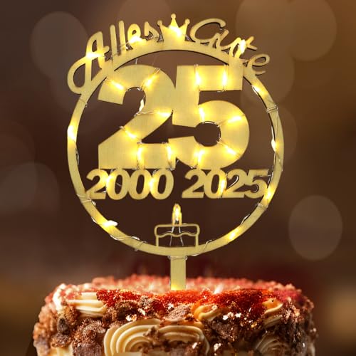 Tortendeko 25 Geburtstag Frau Mann, Seutgjie 25. Geburtstag Silberhochzeit Jubiläum Jahrestag Tischdeko Cake Topper Holz mit LED Lichterkette 2000 bis 2025 Kuchen Deko