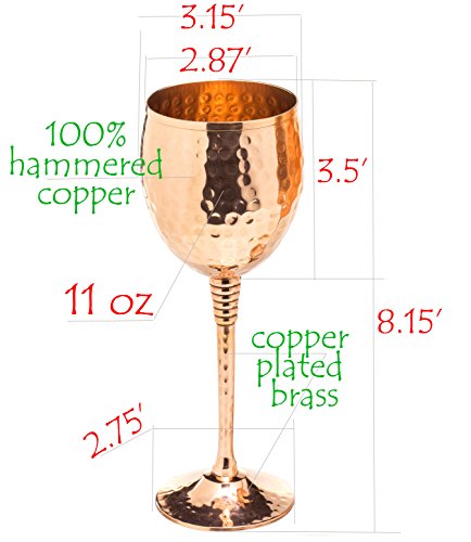 Copper Wine Glasses Set Of 2 – 11Oz Gleaming 100% Solid Hammered Copper Wine Cups On Brass Copper Plated Stems – A Gift For Men And Women – Great Glasses For Red Or White Wine And Moscow Mules #TOP2
