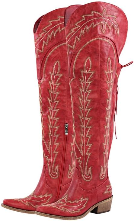 sexytag Cowgirl Boots Thigh High Wide Calf Embroidered Western Cowboy Boots 9 Red