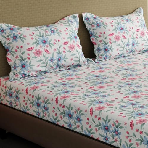 Image of Layers 100% Cotton Fitted Sheet for King Size Bed | Lumina Floret Collection | 144 TC Soft & Breathable | Floral Print with 2 Pillow Covers | Wrinkle Free & Colorfast | 3 Pc Bedding Set - Blue
