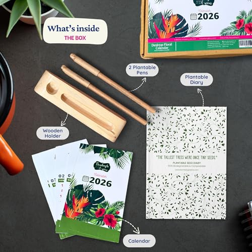 Image of 2026 Eco-Friendly Desk Calendar with Wooden Stand & Plantable Seed Pens and Diary - Sustainable 2026 Calendar Planner for Home & Office - Zero Waste New Year Gift & Grow Your Own Plant Kit by Bombay Greens