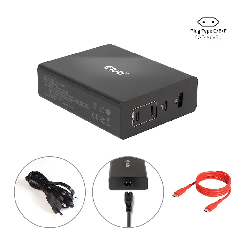 CLUB 3D CARGADOR 3XUSB TIPO C, 1XUSB A, PD 132W RETAIL