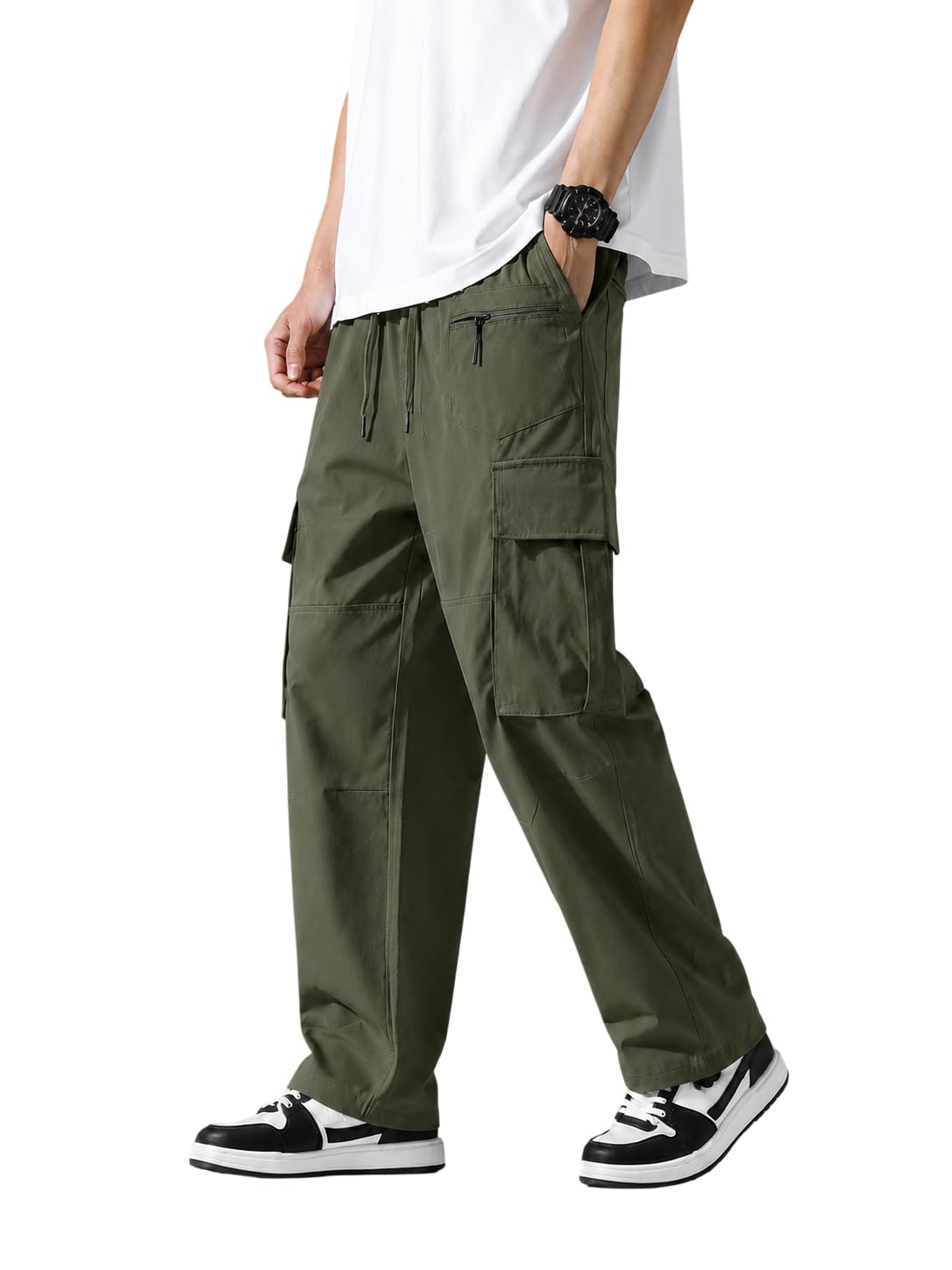 Cargo Cotton Pants for Men's| Relaxed Fit Cargo Trousers| Multi Pocket Casual Streetwear Bottom| Drawstring Elastic Waistband Utility Pants for Men| Comfortable Lower for Men-image-17