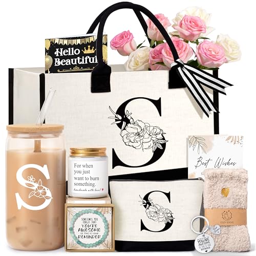 Lepiche Birthday Gifts for Women, Monogrammed Initial Gift for Teacher Wife Mom, Tote Bag,Glass Cup Gift Basket Personalized Christmas Mother's Teacher Appreciation Day,S