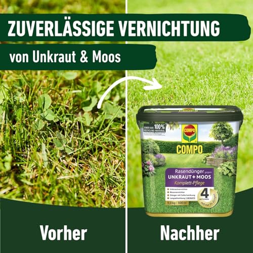 Foto von Rasendünger gegen Unkraut + Moos Komplett-Pflege, Rasendünger mit Unkrautvernichter, Moosvernichter, 3 Monate Langzeitwirkung 9 kg, für 300m²