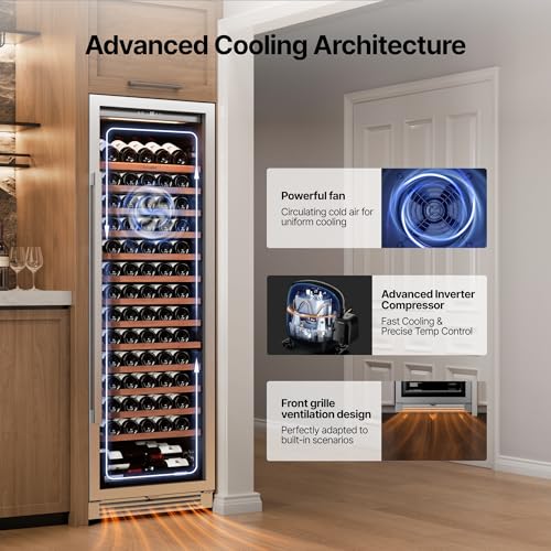 Image of Ca'Lefort 24 Inch Wine Fridge, 166 Bottle Built-In Wine Cooler | 69-Inch Tall Wine Cellar, Quiet Inverter Compressor, 40-65F Temperature Control, Display Shelf, Glide-Out Shelves & Drawer