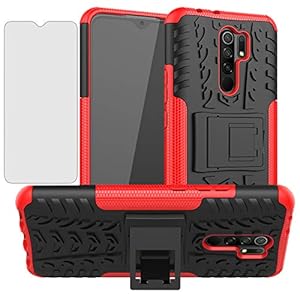 Asuwish Phone Case for Xiaomi Redmi 9 with Tempered Glass Screen Protector and Slim Stand Hybrid Heavy Duty Rugged Protective Cell Cover Redmi9 Prime Poco M2 Kickstand Mobile Accessories Women Red