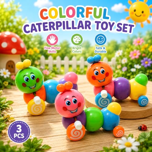 Image of Vikrida Wind-Up Caterpillar Toy Set for Kids | Colorful Push & Go Toy for Toddlers Boys & Girls (Assorted Color) - 3Pcs Set