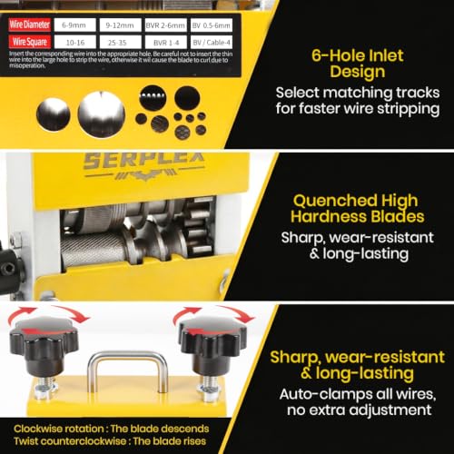Image of Serplex 11-IN-1 Manual Wire Stripping Machine for 1.5-25mm Cables, 11-hole Hand Crank Copper & Aluminum Wire Stripper Aluminum Alloy Cable Recycling Tool Kit for Scrap Processing, Electrical Work