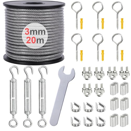 Cable de Acero Inoxidable 304 20m 3mm, Kit de Cable de Alambre Recubierto de PVC con Tensor M5 y Abrazadera, para Plantas Trepadoras, Enrejados, Tendederos, Cercas, Lámpara Colgante