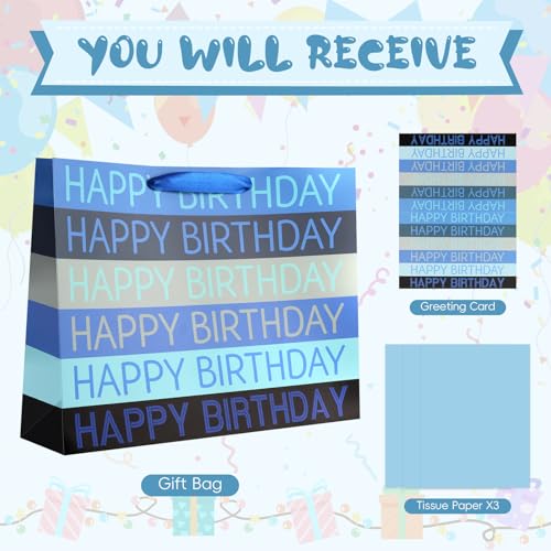Image of JMANNI Large Happy Birthday Gift Bag with Tissue Papers and Greeting Card,Portable Paper Gift Bags with Handles,Blue Present Bags for Women Men Birthday Party Supplies13 x10.2 inchx4.7 inch(Blue Stripes)